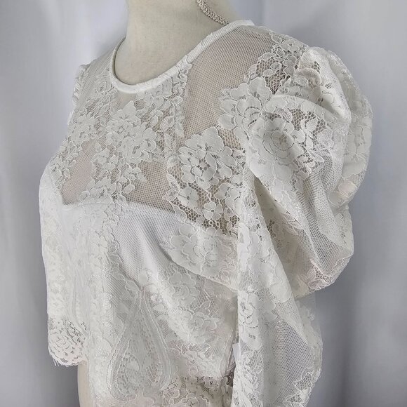 Lulus Women's Ivory Lace Long Puff Sleeve Cropped Blouse Size XL NWT - Picture 6 of 15